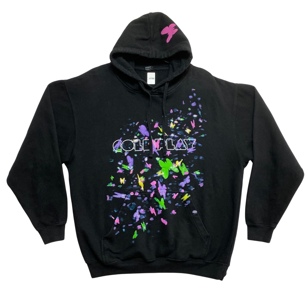 Coldplay Hoodie Mens Large Black Butterfly Graphic Neon Concert Tour Pullover